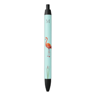 Bolígrafo De Tinta Negra Flamenco Rosa y Monograma en Azul Claro