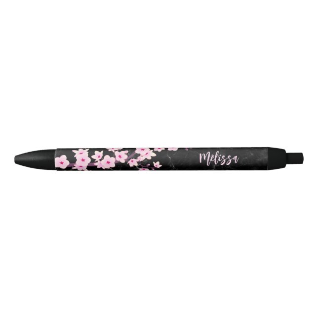 Bolígrafo De Tinta Negra Flor de cerezo Monograma de Mármol Negro rosa (Anverso)