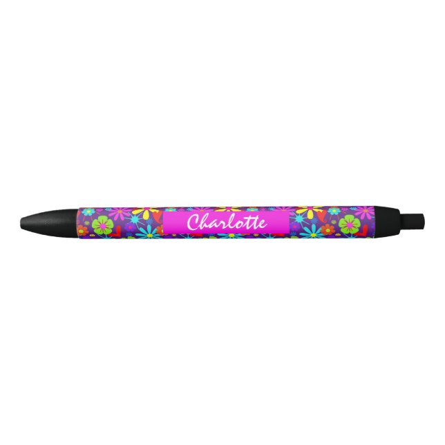 Bolígrafo De Tinta Negra Flor Retro Floral Personalizada (Anverso)