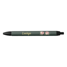 Bolígrafo De Tinta Negra Flor rosa y hojas en verde oscuro