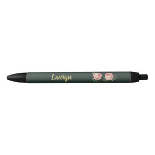 Bolígrafo De Tinta Negra Flor rosa y hojas en verde oscuro