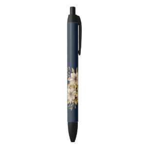 Bolígrafo De Tinta Negra Flor silvestre, fondo azul floral