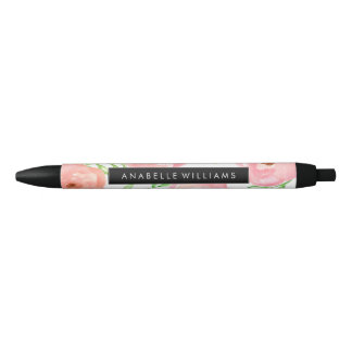 Bolígrafo De Tinta Negra Floraciones rosadas de la acuarela