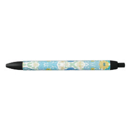 Bolígrafo De Tinta Negra Floral Acuarela Azul y Amarillo