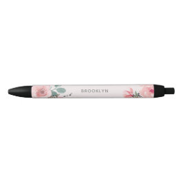 Bolígrafo De Tinta Negra Floral Acuarela Rosa Rubor