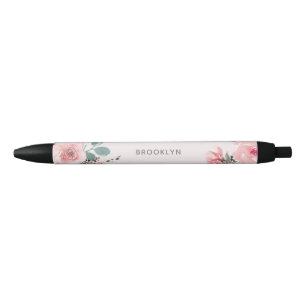 Bolígrafo De Tinta Negra Floral Acuarela Rosa Rubor