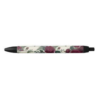 Bolígrafo De Tinta Negra Floral Borgoña y Verde Bosque 