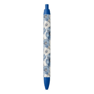 Bolígrafo De Tinta Negra Floral de Denim Blanco Azul