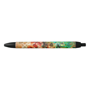 Bolígrafo De Tinta Negra Floral de selva tropical de loro vintage Hibiscus