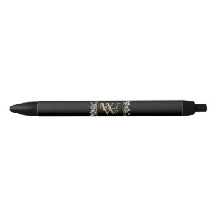 Bolígrafo De Tinta Negra Floral de Verde Monograma Personalizado de Oro Neg