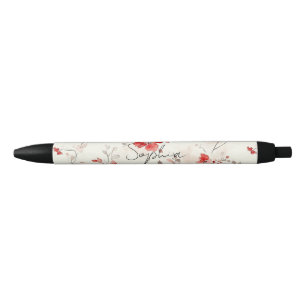 Bolígrafo De Tinta Negra Floral Rojo Crema  