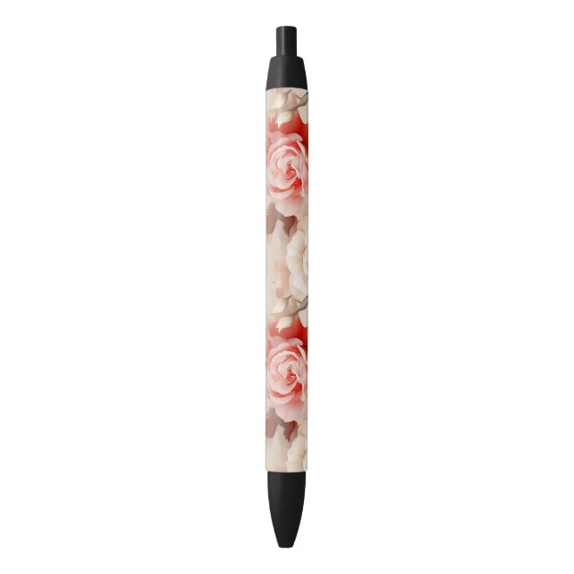 Bolígrafo De Tinta Negra Floral Rosa Crema Rosado Bonito (Frente vertical)