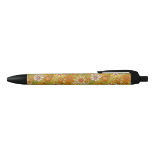 Bolígrafo De Tinta Negra Floral verde y Naranja de los años 1960 y 1970