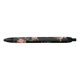 Bolígrafo De Tinta Negra Florales de época en negro