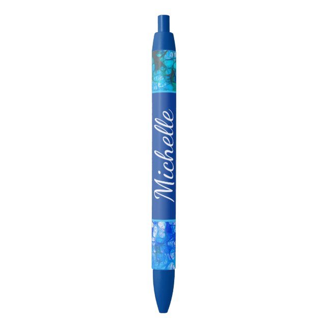 Bolígrafo De Tinta Negra Flores azules blancas modernas (Frente vertical)