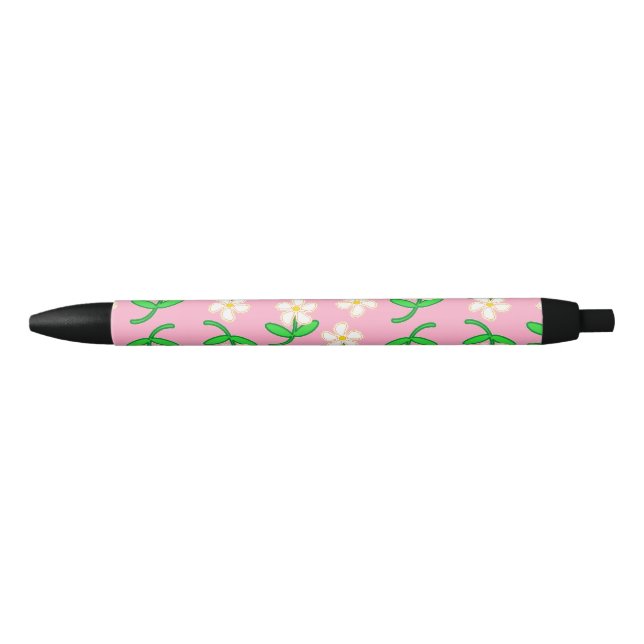 Bolígrafo De Tinta Negra Flores blancas en rosa (Anverso)