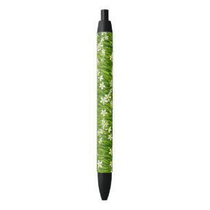 Bolígrafo De Tinta Negra Flores blancas y hojas de plantas