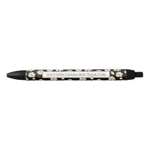 Bolígrafo De Tinta Negra Flores Chic de Oro Blanco