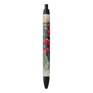 Bolígrafo De Tinta Negra Flores De Adormidera En Acuarela