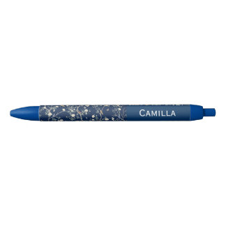 Bolígrafo De Tinta Negra Flores de Camelia Azul Marino Nombre Personalizado