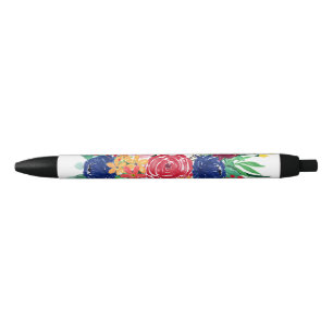 Bolígrafo De Tinta Negra Flores de moda de boho azul y rojo de la Marina