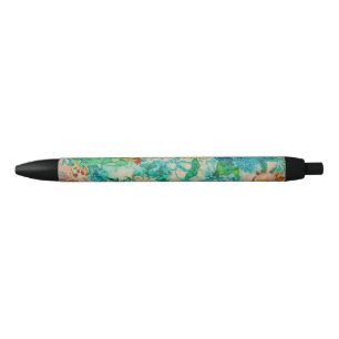 Bolígrafo De Tinta Negra Flores de Rosa de jardín botánico verde vintage