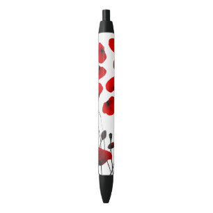 Bolígrafo De Tinta Negra Flores modernas y pétalos negros y rojos