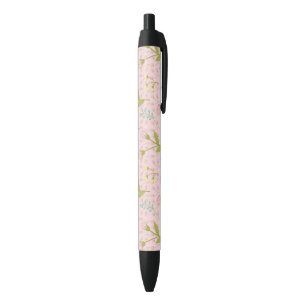 Bolígrafo De Tinta Negra Flores rosadas hojas verdes jardín floral primaver