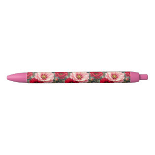 Bolígrafo De Tinta Negra Flores rosadas, rojas y malvas