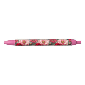 Bolígrafo De Tinta Negra Flores rosadas, rojas y malvas
