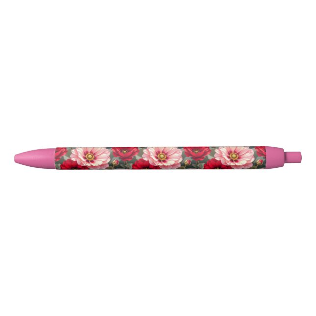 Bolígrafo De Tinta Negra Flores rosadas, rojas y malvas  (Anverso)