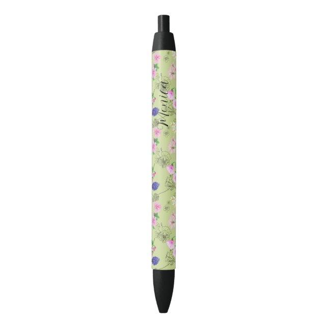 Bolígrafo De Tinta Negra Flores silvestres delgadas en las acuarelas verdes (Frente vertical)