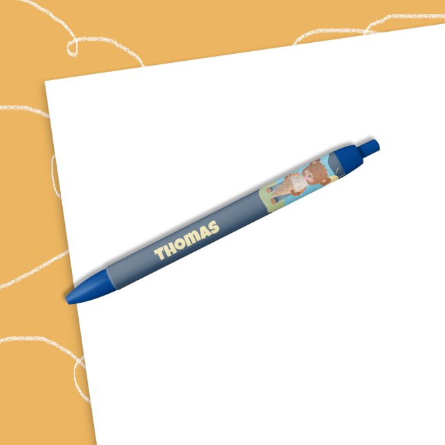 Bolígrafo De Tinta Negra Funny Brain Freeze Kid Pen with Name (Funny kid pen with name featuring a brown bear getting a brain freeze eating an ice cream too fast .)