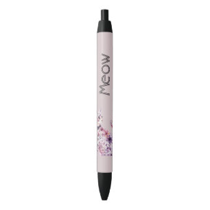 Bolígrafo De Tinta Negra Gato floral de rosas púrpura rosa bonito