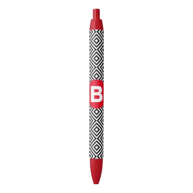 Bolígrafo De Tinta Negra Geometric Black and White Pattern Red Monogram (Frente vertical)