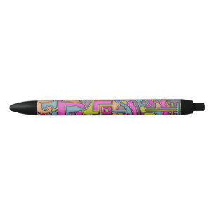 Bolígrafo De Tinta Negra Geométrico abstracto Mod de los 60s Colorido