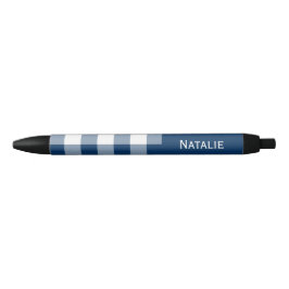 Bolígrafo De Tinta Negra Gingham Check Azul Marino Nombre Personalizado 