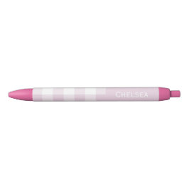 Bolígrafo De Tinta Negra Gingham Check Rosa Pálido con Nombre Personalizado
