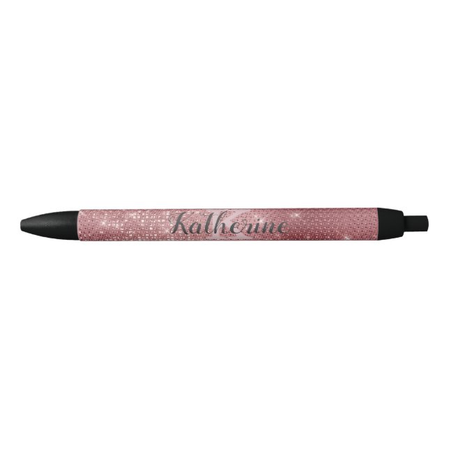 Bolígrafo De Tinta Negra Girly Dusty Rosa Rosa Dorado Diamante Monograma (Anverso)