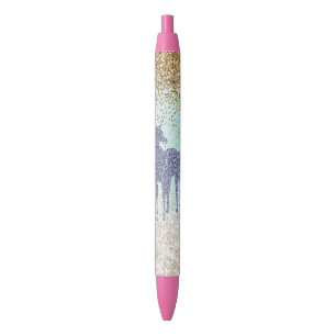 Bolígrafo De Tinta Negra Girly Mint Purple Unicorn Gold Glitzy Purpurina