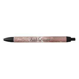 Bolígrafo De Tinta Negra Girly Rosa Gold Glam Diamond Sparkle Monograma Nom