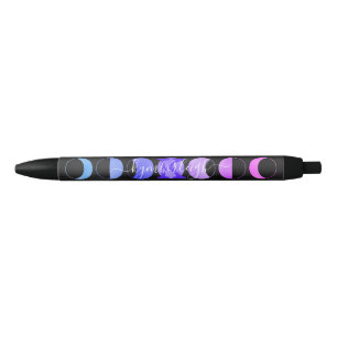 Bolígrafo De Tinta Negra Glam Black Moon Phases Pastel Morado Monograma Nom