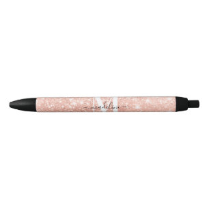 Bolígrafo De Tinta Negra Glamoroso Purpurina Rosegold Elegante Script Monog
