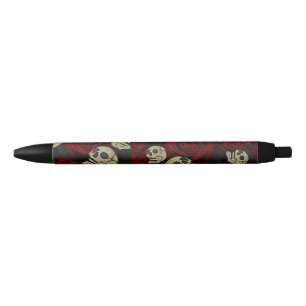Bolígrafo De Tinta Negra Gótico floral negro gris de los rosas rojos y de