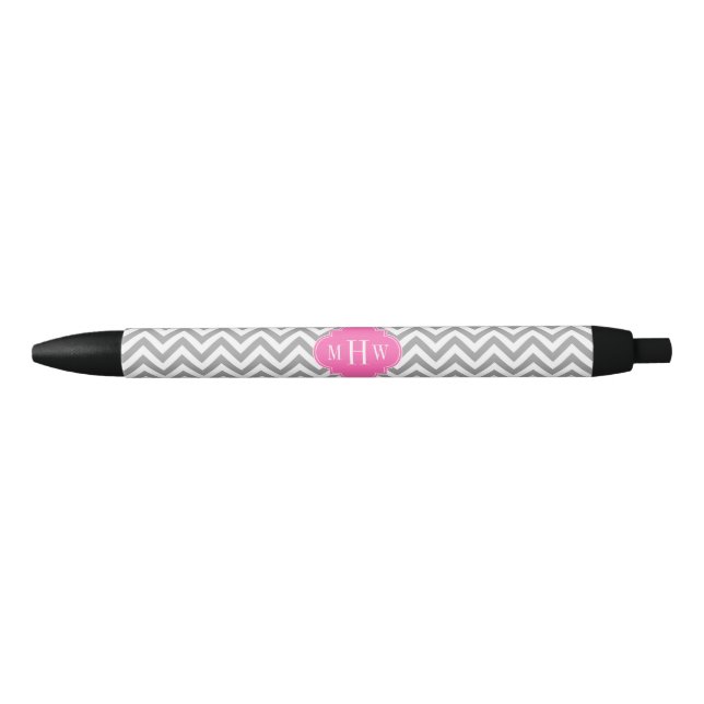 Bolígrafo De Tinta Negra Gris Dk Chevron Quatrefoil Rosa Caliente 3 Monogra (Anverso)