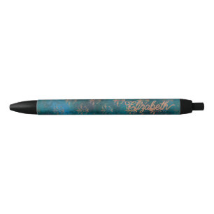 Bolígrafo De Tinta Negra Grunge Copper Patina & Turquoise Verdigris Damask