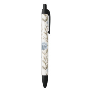 Bolígrafo De Tinta Negra Hermosas Flores Azules Crema