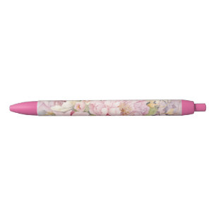 Bolígrafo De Tinta Negra Hermosas peonías rosadas acuarelas.