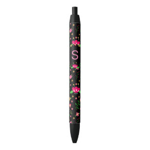 Bolígrafo De Tinta Negra Hermoso floral rosa sobre monograma negro