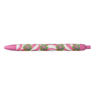 Bolígrafo De Tinta Negra Hibisco tropical y rayas exóticas de cebra rosa